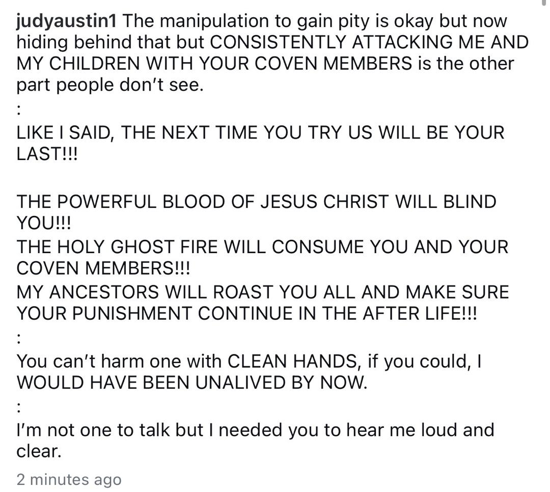 Actress Judy Austin Edochie sends ?last warning? to an unnamed w!tch and her coven members who attacked her recently